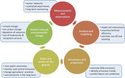 basic processes of N2O networks, from field measurements to analysis to simulations to policy and final to environmental change, and the cycle begins anew